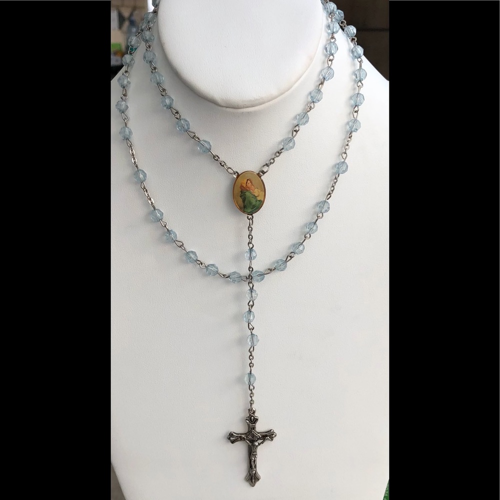 Heavenly light blue rosary silvertone crucifix Catholic Christianity religion